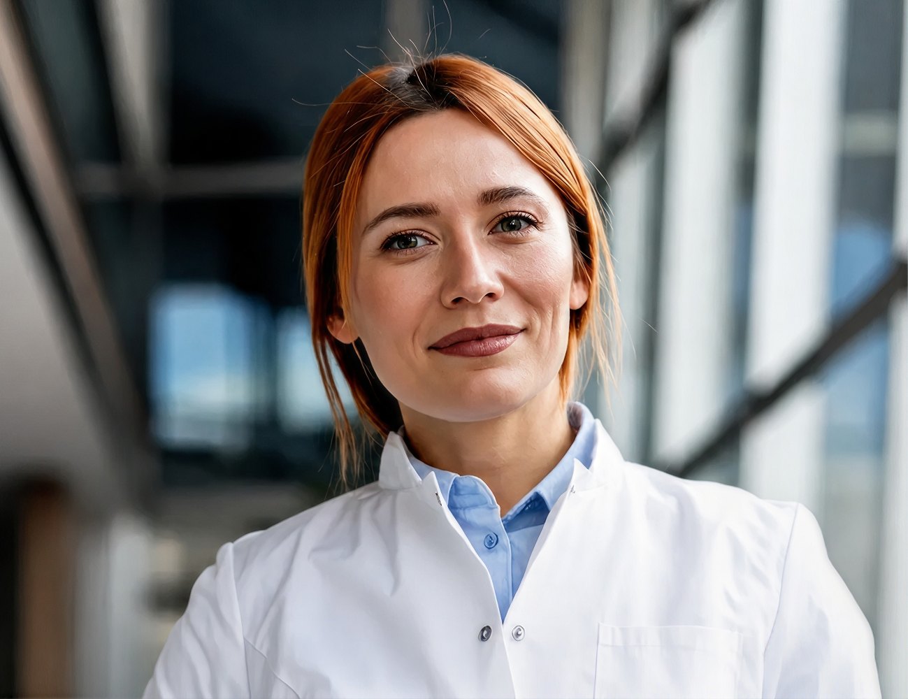 A female healthcare professional in a white lab coat smiling.